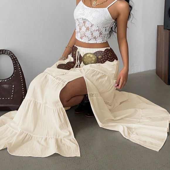 Boho Stretchy Waist lace Insert Split Thigh Maxi Skirt - Picture 4 of 11